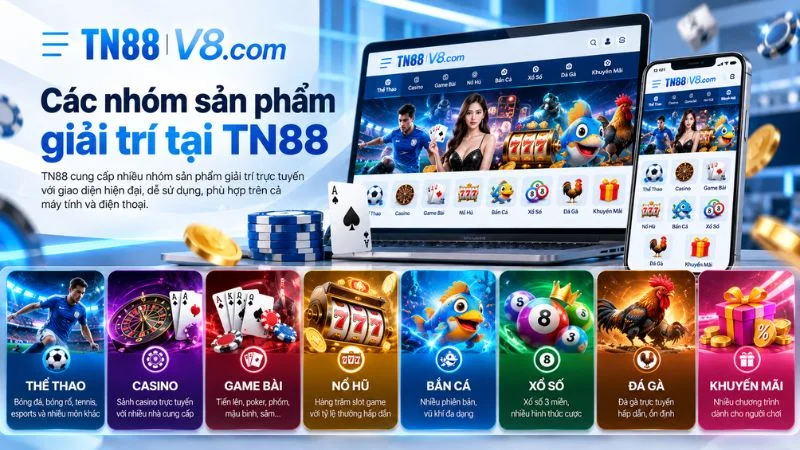Các nhóm sản phẩm giải trí TN88 gồm thể thao, casino, game bài, nổ hũ, bắn cá và xổ số